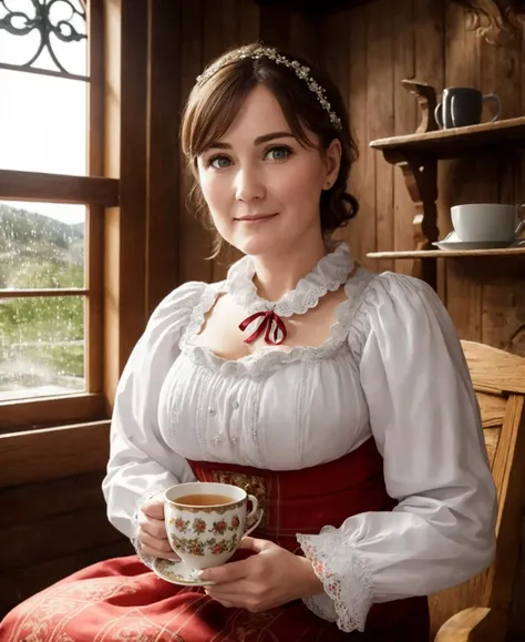 Masterpiece, absurdres, fine detail, DOF, atmosperic lighting, highly detailed face and eyes, photorealistic, <lora:drindl:0.75>, drindl, an 30yo adult woman in traditional bavarian dress sitting in front of large ornate window, raining outside, looking ou...