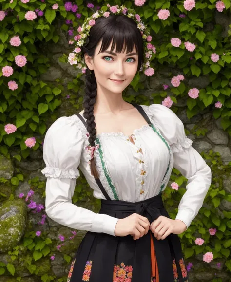 Masterpiece, absurdres, fine detail, HDR, highly detailed face and eyes, photorealistic, photograph,  <lora:drindl:0.85>,drindl, a young woman in traditional bavarian dress standing next to stone vine covered well,german woman, green eyes, black hair, sing...