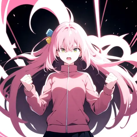 <lora:gotou_hitori_v1:0.95> gotou1, gotou hitori, solo, skirt, pink jacket, track jacket, bangs, hair between eyes, long sleeves, medium breasts, <lora:SuperSaiyanHair:0.3> SuperSaiyan, long hair, super saiyan, (spiked hair:0.8), aura, (electricity:1.2), (...