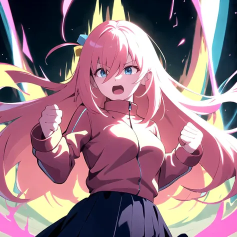 <lora:gotou_hitori_v1:0.95> gotou1, gotou hitori, solo, skirt, pink jacket, track jacket, bangs, hair between eyes, long sleeves, medium breasts, <lora:SuperSaiyanHair:0.3> SuperSaiyan, long hair, super saiyan, (spiked hair:0.8), aura, electricity, (floati...