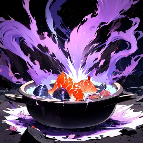 hotpot, smoke, <lora:DBKiCharge:0.55> Ki Charge, aura, purple aura, fish, vegetable, floating, restaurant, seafood, backlighting, extreme detail, masterpiece, best quality, highres