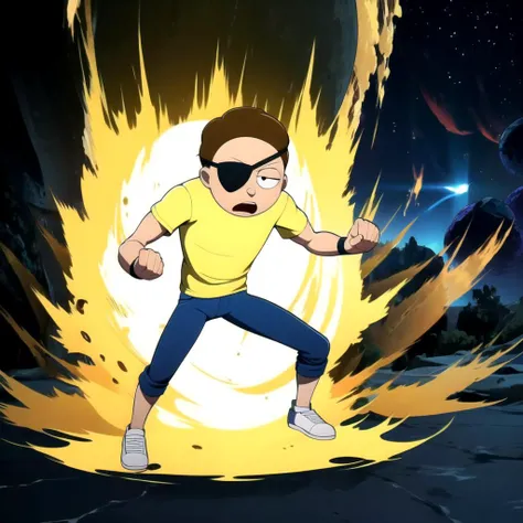 highly detailed, High Quality, Masterpiece, beautiful, Ki Charge, aura, fighting stance, full body,, 1boy, solo, EMorty, brown hair, short hair, black eyes, yellow shirt, blue pants, black eyepatch,  <lora:Evil_Morty_RickMorty_Leaf3:0.8> ,  white shoes,  <...