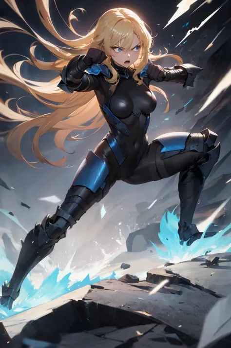 Highly detailed, High Quality, Masterpiece, beautiful, Ki Charge, aura, fighting stance, full body <lora:DBKiCharge:1> , white aura, sentairanger, solo, black bodysuit, blue armor, blue  pauldrons, black gloves, 1girl, angry, fury, rage, head in profile, l...