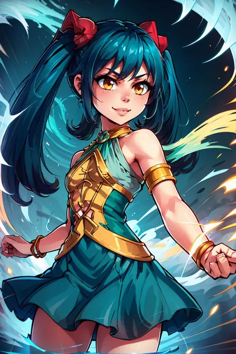 a cartoon girl with blue hair and a blue dress holding a sword