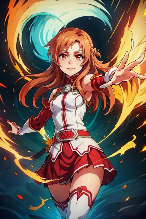 <lora:Aura_v1:0.6>, Aura, energy, glowing,swirling energy, dynamic pose,((masterpiece,best quality)), yuuki asuna, brown hair, brown eyes, medium breasts, long hair, braid, kotbo, white gloves, white uniform, white boots, red skirt, red straps, looking at ...