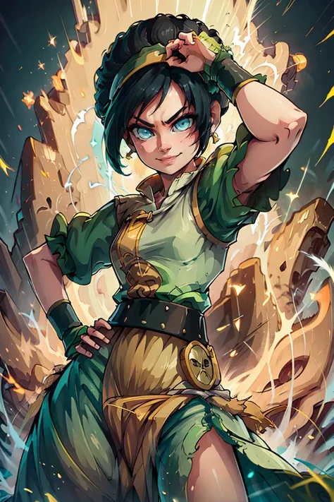 a woman in a green outfit holding a sword and a fire