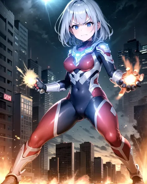 extremely detailed CG unreal engine 8k, best quality, 1girl, solo, beautiful detailed 1 young girl, (dynamic pose, detailed fingers, detailed hands, detailed face), all intricate, (ultragirl :1.0), ultraman bodysuit, full body, (angry face :1.1), fighting ...