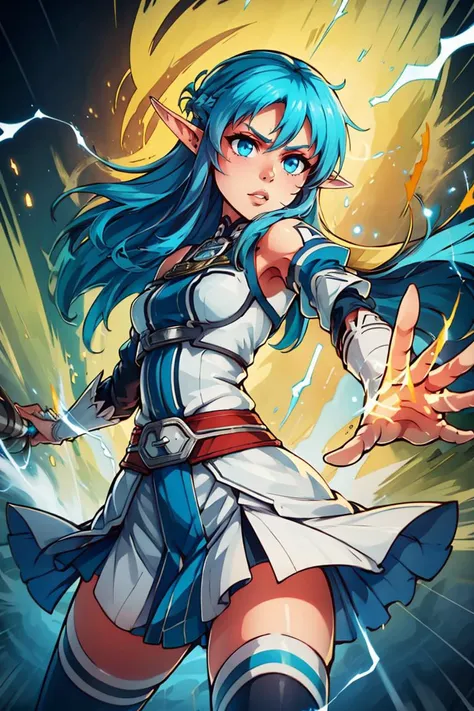 a cartoon image of a woman with blue hair and a sword