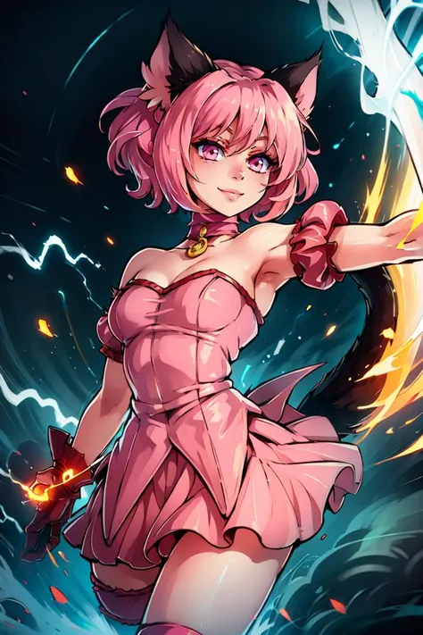 a woman in a pink dress holding a sword and a fire