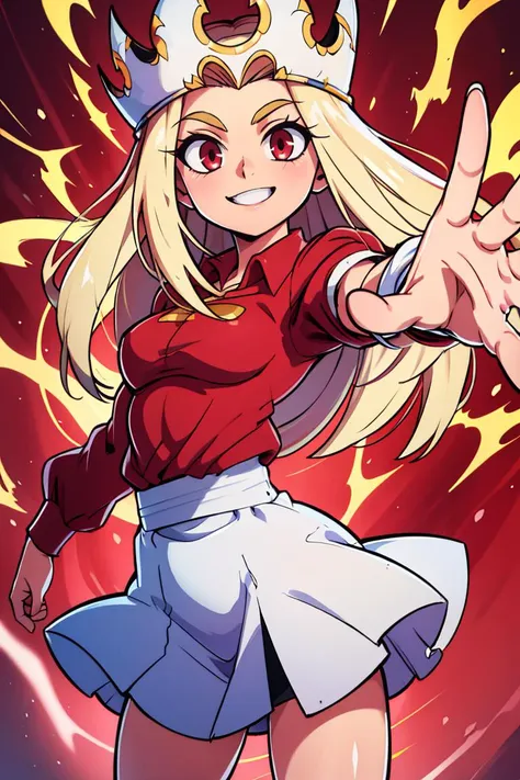 a cartoon girl in a red shirt and white skirt with a sword