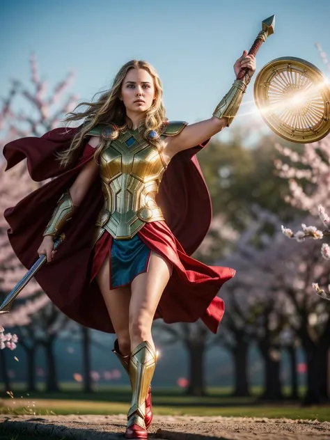 photo of (supermodel), 1girl, perfect hair, award-winning photo, sfw, (Jane Foster aka Thor: Jane Fosters costume as Thor is a majestic and Asgardian-inspired ensemble, often featuring a winged helmet and a red cape, The design reflects her transformation ...