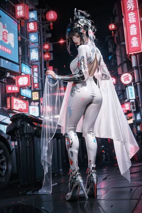 1girl,(gigantic breasts:1.2),(black|pink|red|white|silver|gradient hair),high heels,outdoors,cyberhanfu,chinese_clothes,cyberpunk,a high-tech city,full of machinery and futuristic element,futurism,technology,Headdress,in white and blue,
(masterpiece:1.3),(...