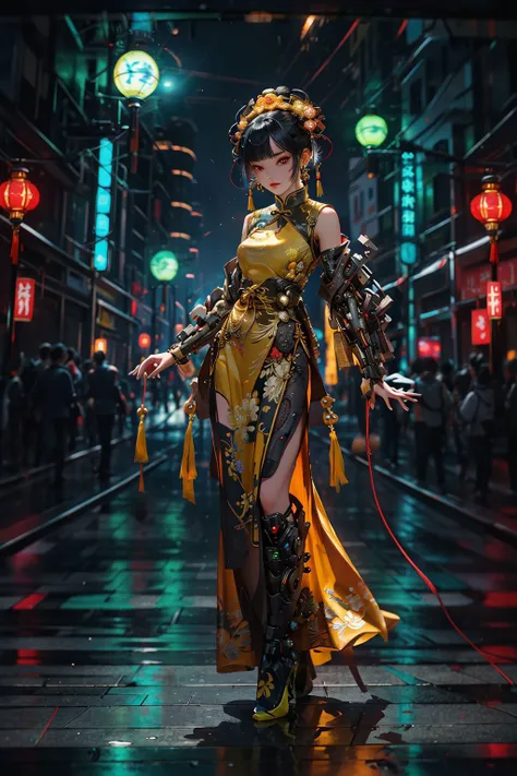 (masterpiece, best quality, high quality, highres, ultra-detailed),  1 girl, yellow chinese clothes,yellow cyberhanfu, lotus Embroidery,(Chinese Knot:1.2), yellow clothes, cyberpunk city, dynamic pose, Headdress, hair ornament, long hair, cyberpunk, neon l...