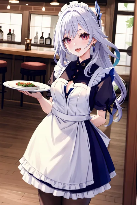 1girl, skirk (genshin impact), solo, maid, maid headdress, maid apron, embarrassed, pantyhose, open mouth, blush, smile, open mouth, holding plate, looking at viewer, cowboy shot, bar (place), indoors, depth of field, masterpiece