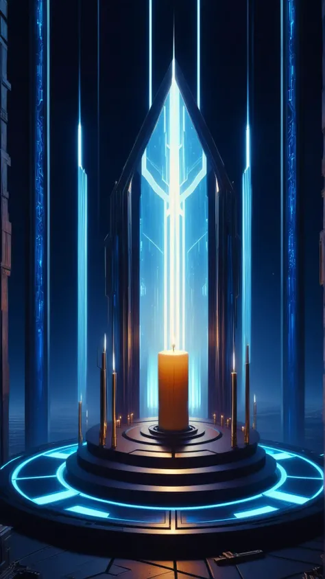 <lora:C7b3rp0nkStyleXL:1.3> C7b3rp0nkStyle a shrine on one of Jupiters moons, candles burning with blue flames, cyberpunk, sci-fi, futuristic, tech