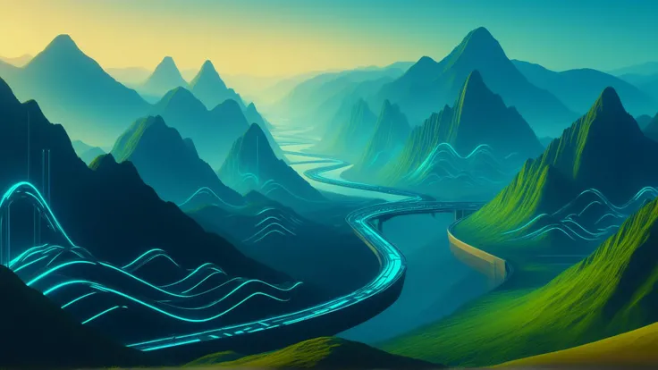 <lora:C7b3rp0nkStyleXL:1.3> C7b3rp0nkStyle prehistoric river winding its way through a mountainous landscape, cyberpunk, sci-fi, futuristic, tech