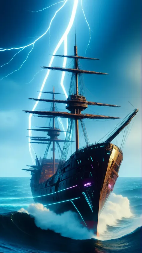 <lora:C7b3rp0nkStyleXL:1.3> C7b3rp0nkStyle a storm-tossed ship at sea with an unearthly figure on the deck, cyberpunk, sci-fi, futuristic, tech