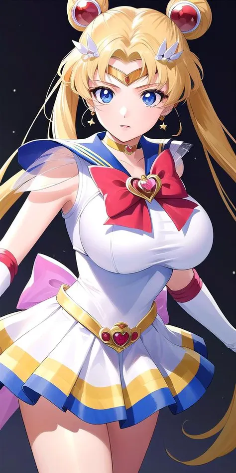 <lora:SMUsagiTsukinoV16:0.65> smusagitsukino, standing, solo, huge_breasts, SuperSM_White_skirt_White_gloves_Red_boots_Yellow_choker_Red_bowtie_White_back_bow_Crescent_circlet_Hairpin_Red_bun_cover, masterpiece, best quality, detailed face, detailed eyes, ...