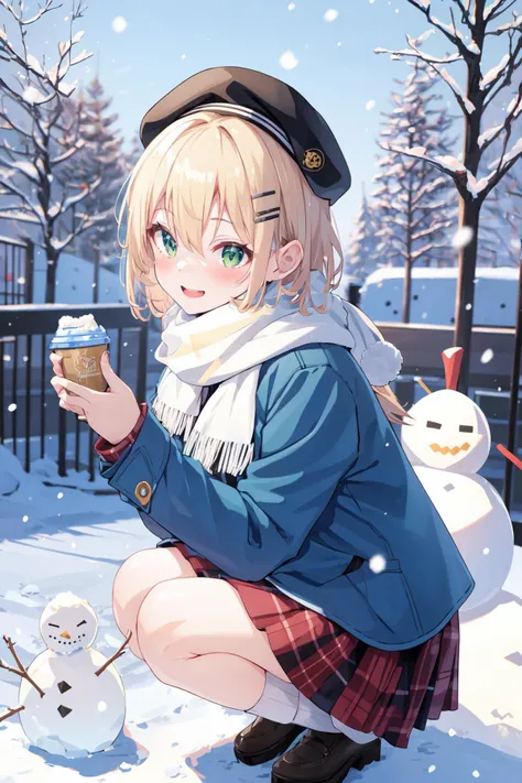 -galgame style, 1girl, solo, green eyes, scarf, snow, outdoors, smile, hat, snow bunny, looking at viewer, hair ornament, blonde hair, open mouth, blush, skirt, bangs, white headwear, blue jacket, short hair, :d, winter, long sleeves, plaid, plaid skirt, h...