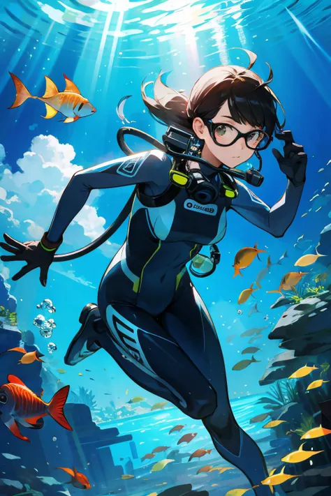 a woman scuba diving with tropical fish. sunbeams, raytraced, photorealistic.