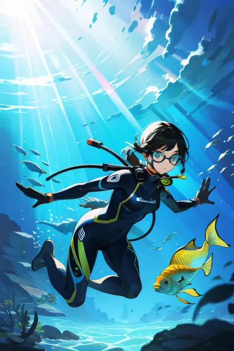 a woman scuba diving with tropical fish. sunbeams, raytraced, photorealistic.