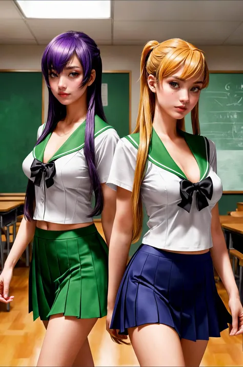 two women in school uniforms are walking in a classroom