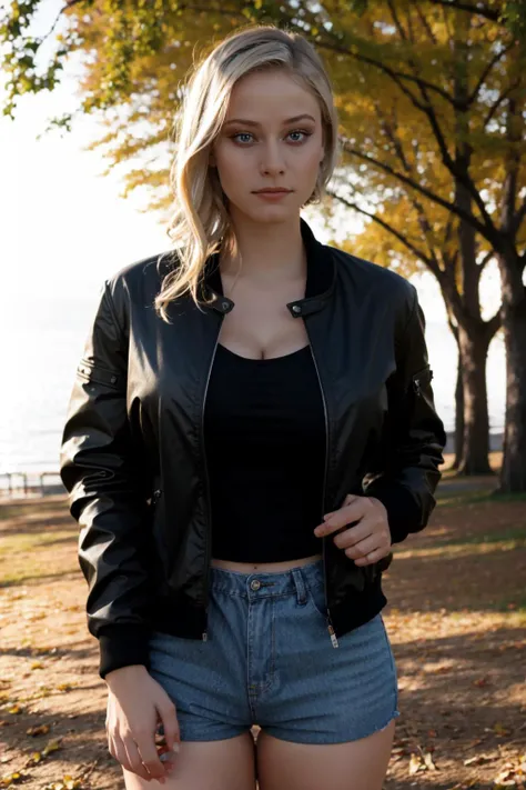 arafed woman in a black jacket and denim shorts posing for a picture