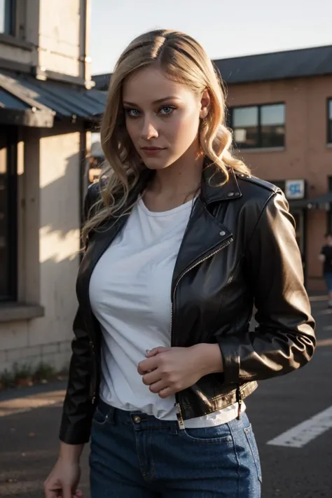 arafed woman in a white shirt and black jacket standing on a street