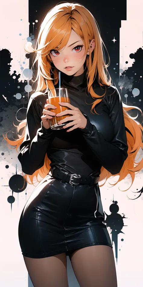 a woman in a black leather outfit holding a glass of orange juice