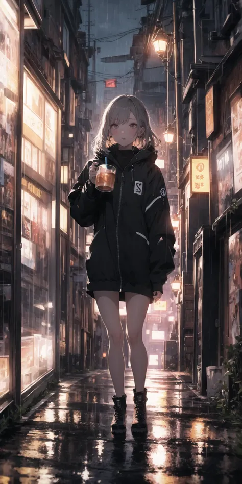 a woman walking down a street holding a beer in her hand