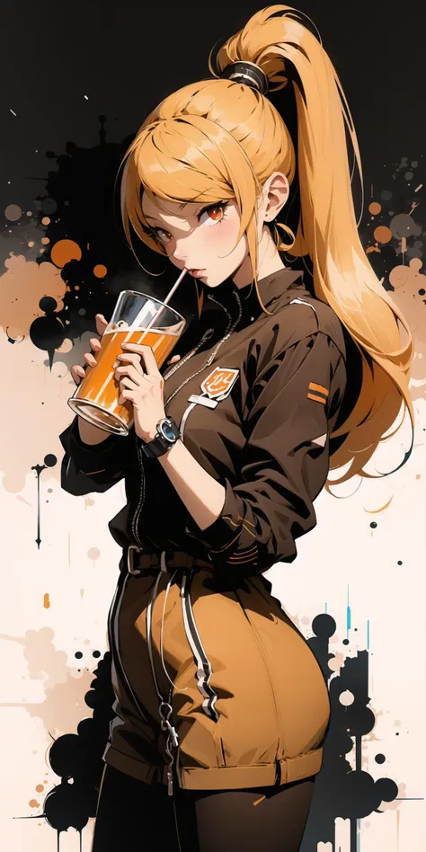 a woman with long blonde hair drinking a drink from a glass