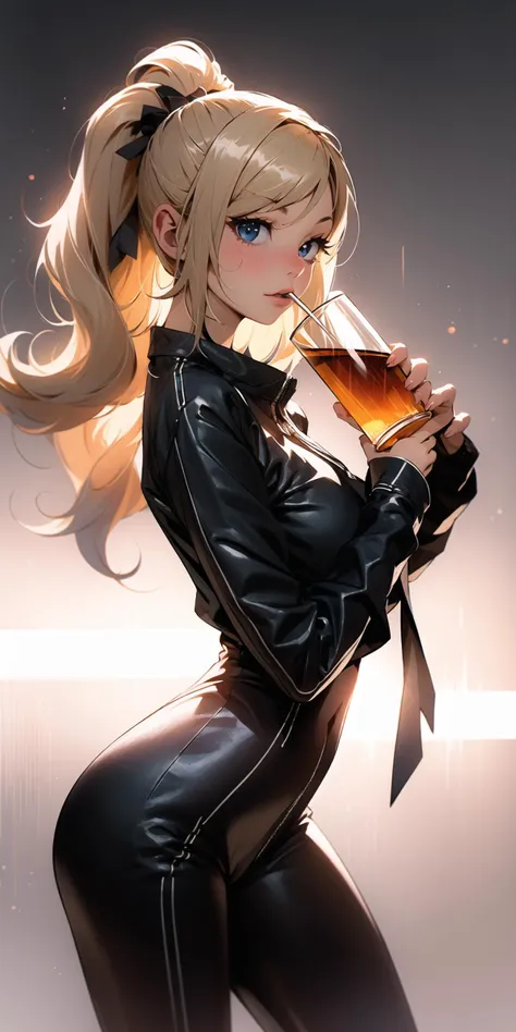 anime girl in latex holding a glass of beer