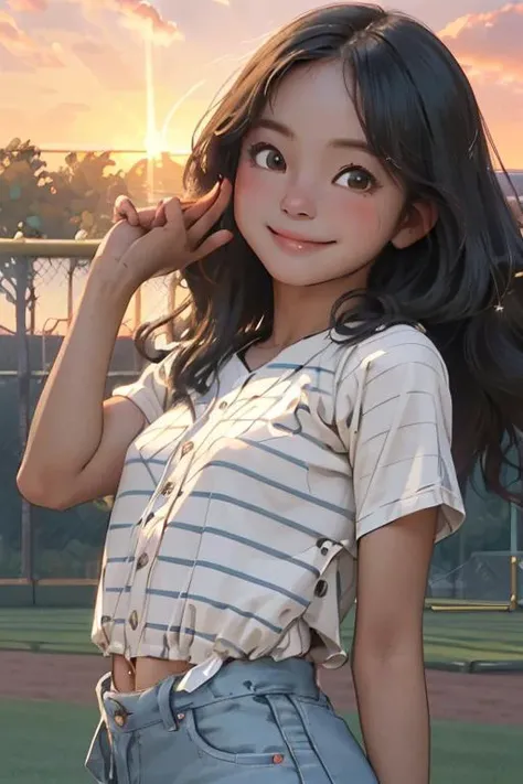 (best quality, masterpiece), 1girl, upper body, baseball, striped clothing, baseball field, steaming body, wind, outdoors, park, sunset, happy, wavy hair, lens flare,, pose, smile