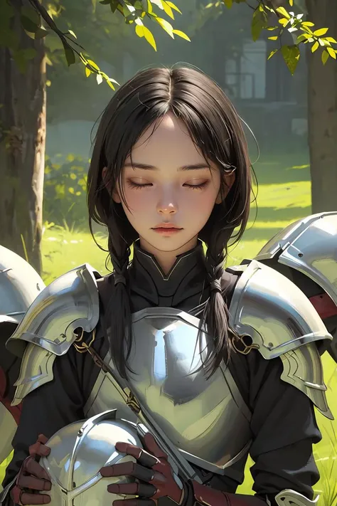 (best quality, masterpiece), 1girl, knights, wounds, armour, tired,