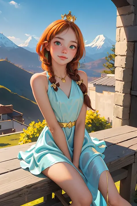 (best quality, masterpiece), 1girl, orange hair princess, smiling, shiny silk dress, castle, bright light, sun, looking at viewer, braids, bow in hair, mountains in the background, crown, beautiful, gold necklace, sitting, arms apart