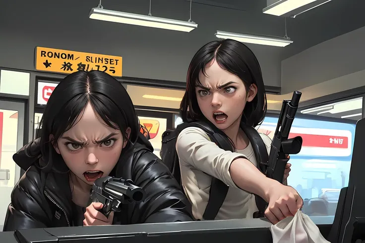 (best quality, masterpiece), 2girls, intricate details, criminals, convenience store, robbery, (angry, shouting:1.3), (aiming gun:1.3), indoors,