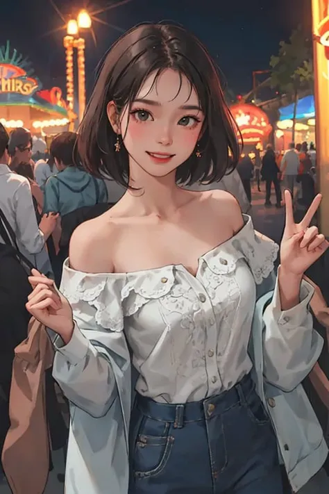 (best quality, masterpiece1.2), intricate detail, depth of field, 20 years old girl, off shoulder, night, festival, amusement pa...