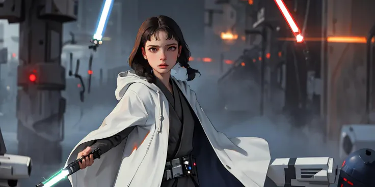 (best quality, masterpiece1.2), (detailed eye:1.2), intricate detail, depth of field, 20 years old girl, (laser, dark mood, glowing eyes, jedi, wielding lightsaber, robe, hood, droid, empire, stormtrooper, starwars:1.2), long hair, braid, looking at viewer...