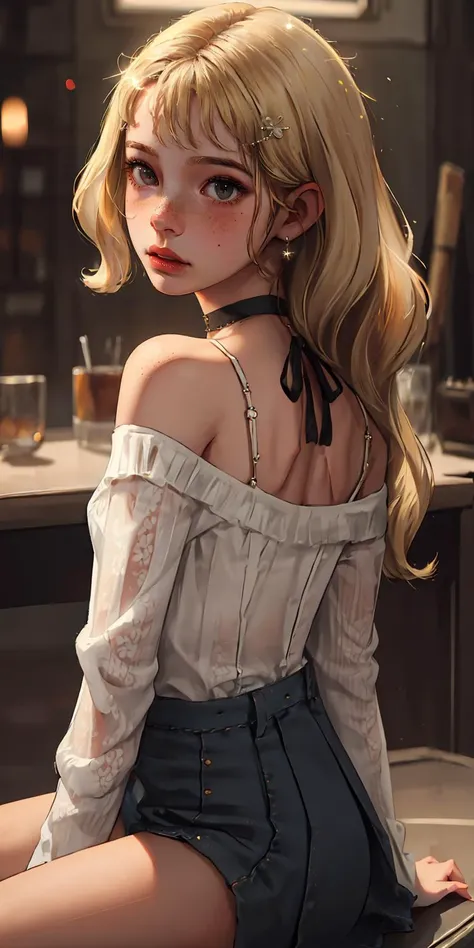 (best quality, masterpiece:1.2), (detailed eye:1.2), intricate detail, depth of field, 20 years old girl, sitting, (lens flare, backlight:1.2), (blonde, long wavy hair), earrings, hair ornament, off shoulder, freckles, blush, choker, looking at viewer, f...