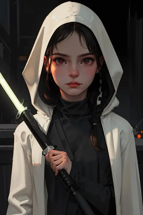 (best quality, masterpiece1.2), (detailed eye:1.2), intricate detail, depth of field, 20 years old girl, (dark mood, glowing eyes, jedi, holding, lightsaber, robe, hood), blonde, braid, looking at viewer, closed mouth, angry, cinematic, upper body, wide an...