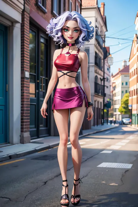 Stormy,blue hair, white hair strands, short curly hair, green eyes, choker, red crop top, purple miniskirt, choker, simple makeup,sandals, looking at viewer, smiling, standing, full body shot, outside, city, street, blue sky, high quality, masterpiece, <lo...