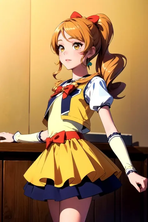 anime girl in a yellow dress standing in front of a counter