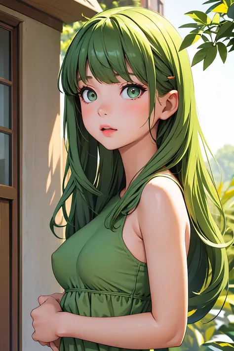 (masterpiece, best quality), 1girl, Pine green Side Swept Bangs, Size F breasts,