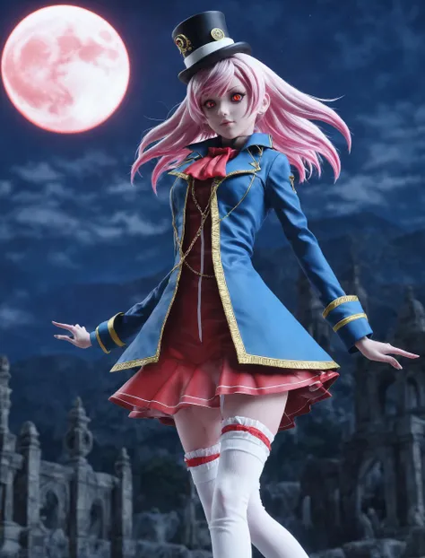 masterpiece, best quality, ultra-detailed, wide angle, wide shot, full body, necropolis, night, full blood moon, a secret society of time travelers, emullh, 1girl, pink hair, short hair, blue jacket, top hat, long sleeves, white thighhighs, red eyes, looki...