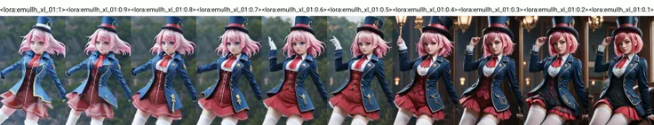 masterpiece, best quality, ultra-detailed, (best quality, ultra-detailed), cinematic lighting, Intricate, high detail, sharp focus, emullh, 1girl, pink hair, short hair, blue jacket, top hat, long sleeves, white thighhighs, red eyes, looking at viewer <lor...