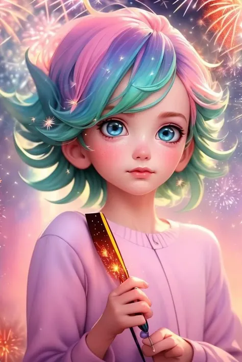 <lora:handsome:0.7> solo, blue eyes, short hair, looking at viewer, upper body, (1boy:1.1), pink hair, sunset,multicolored hair, blue hair,dynamic angle, finely detail, (bloom), (shine), glinting stars, ((((best detailed fireworks)))), ((((depth of field))...