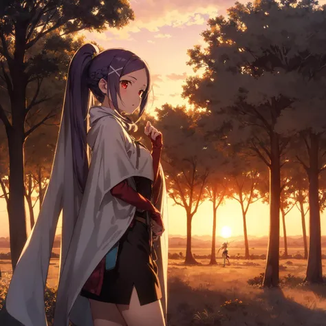 1girl, mitosao, long hair, solo,  ponytail,braid, red eyes, x hair ornament,  purple hair,cape,BREAK,cowboy shot, 
 Vast savannahs, African wildlife, acacia trees, sunset horizons, safari adventures, diverse ecosystems,BREAK Lightweight clothes, comfortabl...