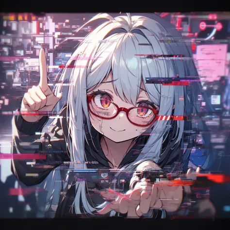 (404:4.04, not found, WTF, ????, mystery, error, missing, confusion), solo blue-streaked-white haired loose side braid ahoge hair tilt broken red frame glasses white dead eyes trouble despair tearful tired smile face 404 printed black hoodie detailed arms ...