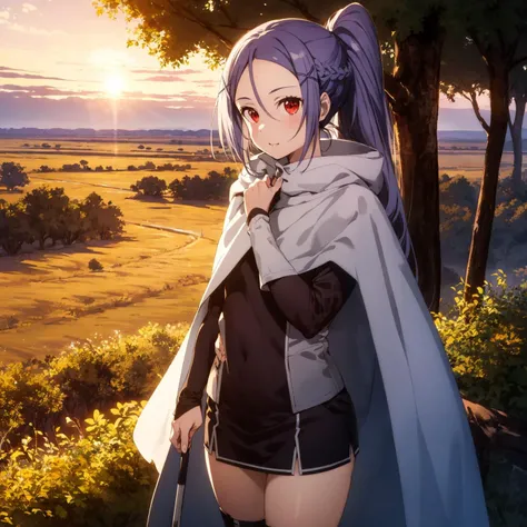 1girl, mitosao, long hair, solo,  ponytail,braid, red eyes, x hair ornament,  purple hair,cape,BREAK,cowboy shot, 
 Vast savannahs, African wildlife, acacia trees, sunset horizons, safari adventures, diverse ecosystems,BREAK Lightweight clothes, comfortabl...