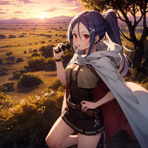 1girl, mitosao, long hair, solo,  ponytail,braid, red eyes, x hair ornament,  purple hair,cape,BREAK,cowboy shot, 
 Vast savannahs, African wildlife, acacia trees, sunset horizons, safari adventures, diverse ecosystems,BREAK Lightweight clothes,binoculars,...